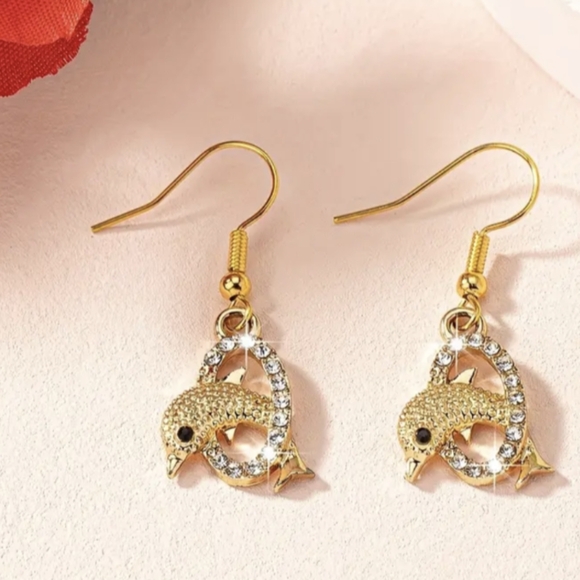 DOLPHIN 🐬 Clear Diamante Drop Earrings In Gold Plating - 1/2"  Length - Picture 3 of 9
